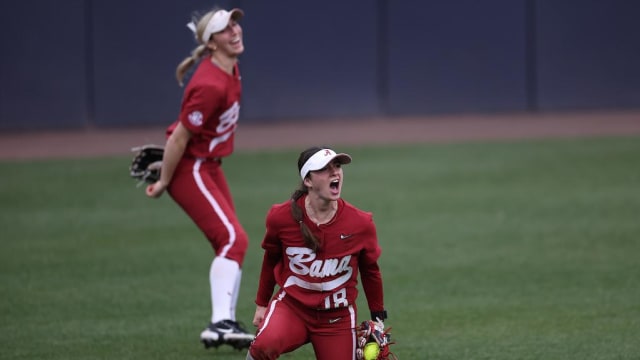 Alabama softball player Lauren Johnson (18) celebrates against Georgia Tech at Shirley Clements Mewborn Field in Atlanta, GA on Saturday, Feb 10, 2024.